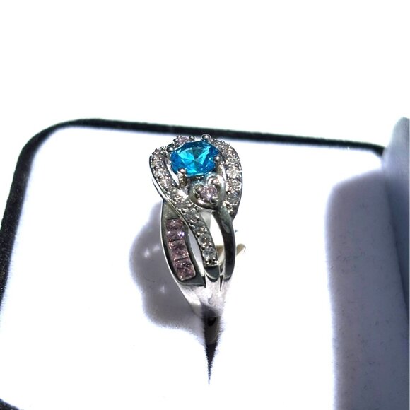 Sterling Silver Ring With Blue & Pink Stones Size  8.5  Elegant Design For Women - Picture 3 of 4